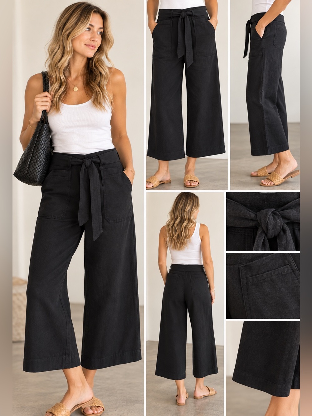 Vince Black Tie Waist Wide Leg Cropped Pants Size 8
